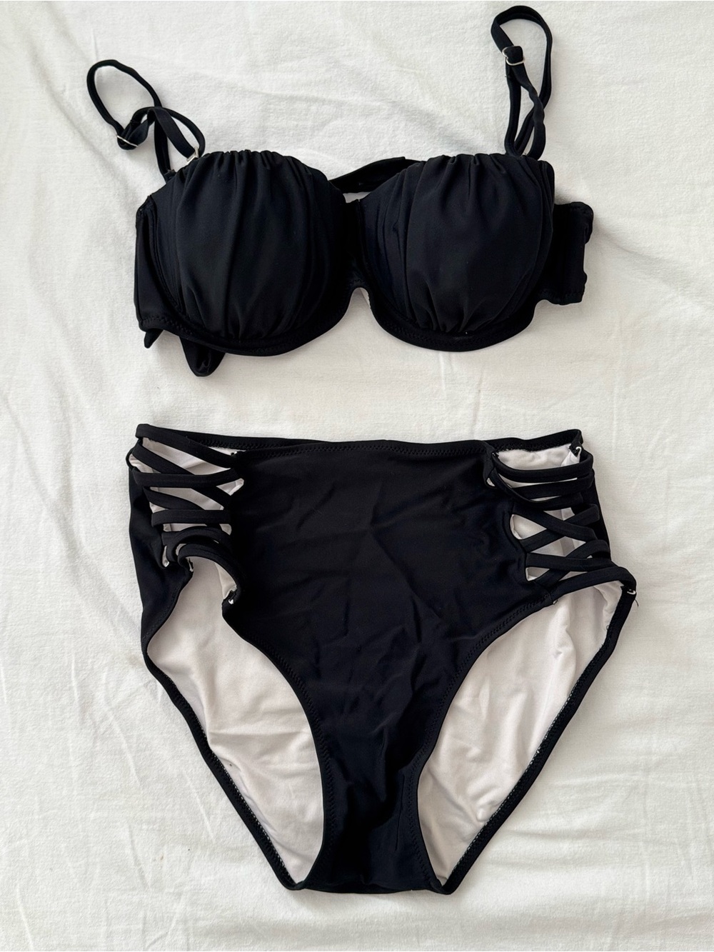 Black High-Waist Strappy Bikini Set - Women Swim